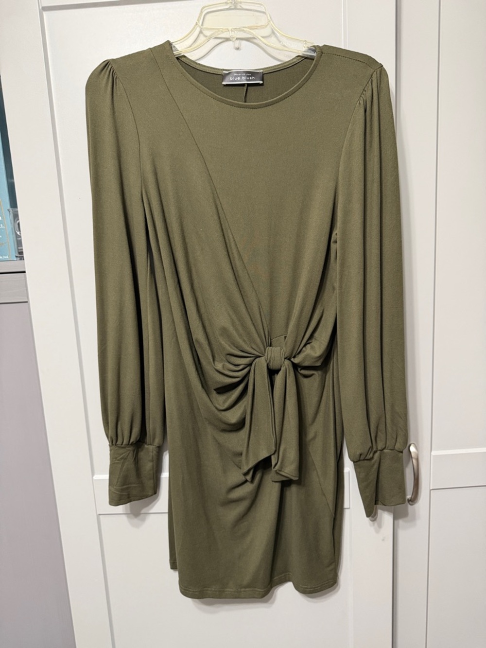 Blue Blush Olive Green Long Sleeve Knot Front Mini Dress